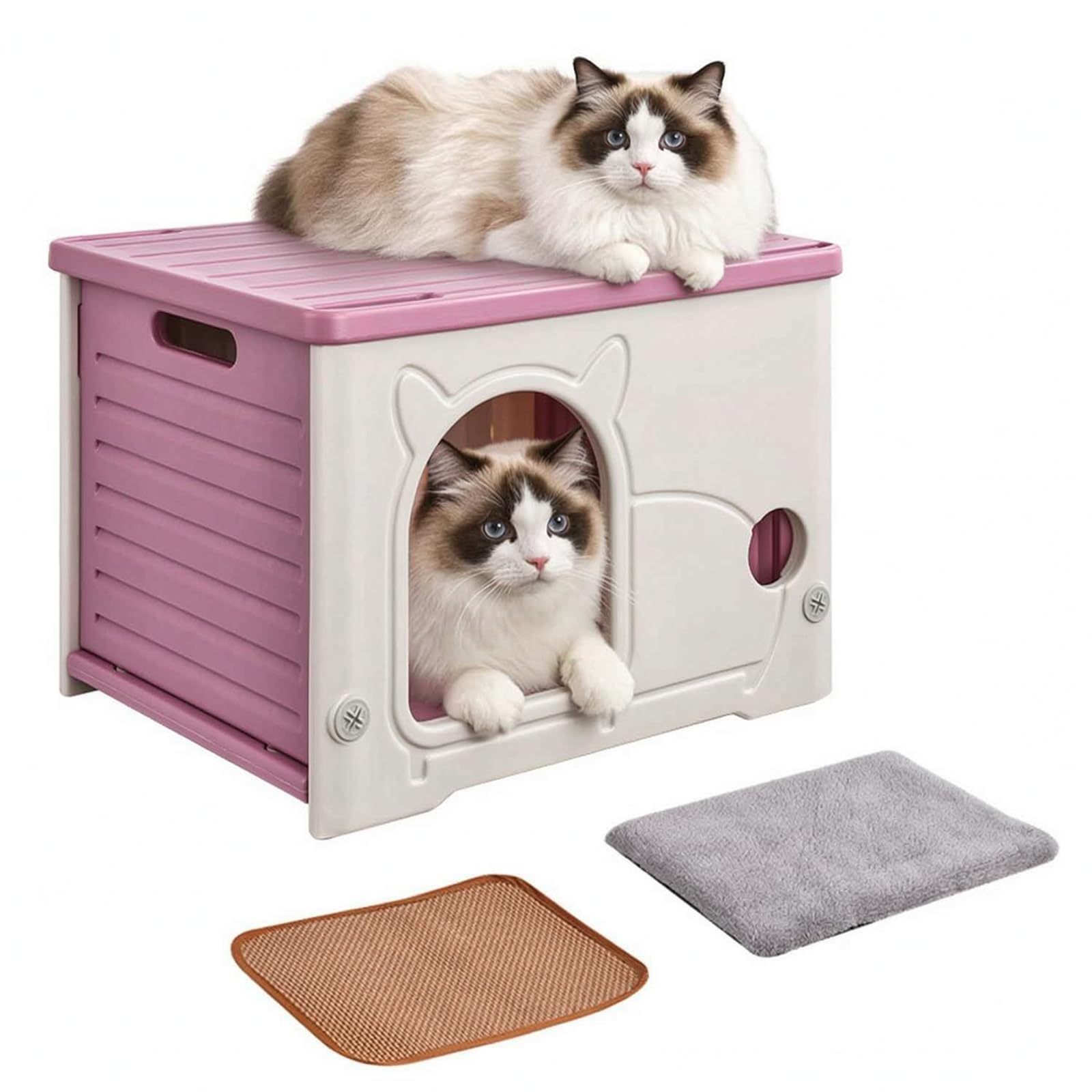 Weatherproof Plastic Cat House Indoor Outdoor Stackable Feral Cat Shelter with Summer Sleeping Mat Plush Cushion Waterproof Outside Cat Hideaway for Stray Cats