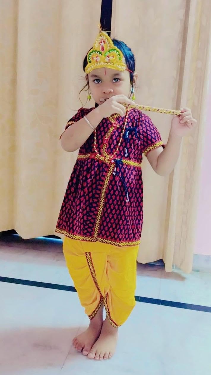 PK HUB Cotton Traditional Krishna Dress For Kids | Janmashtami Kanha Costume Infant Bal Gopal Outfit For Boys (1 Years - 2Years), Set Of 7 (Kurta, Dhoti, Bansuri, Mor Pankh, Mukut, Bandhni, Patka) 3