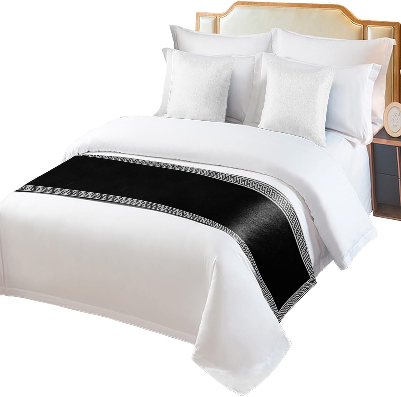 Greek Art Inspired Geometry Bed Runners for Bedroom Hotel,Decorative Bedding Scarf Abstract Monochrome Black White Bed End Blanket Bedding Runner Scarves for King Size Bed,102x20in