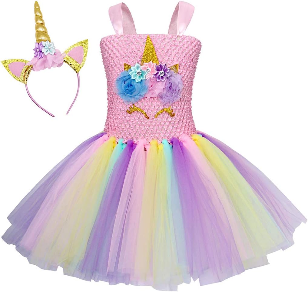 Girls Unicorn Hand Knitted Sling Tutu Dress with Headgear for Kids Birthday Princess Party Costume Carnival Clothes