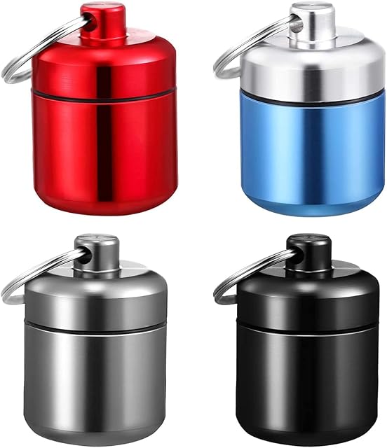 DRERIO 4 pcs Small Pill Boxes Organiser Metal Pill Boxes Travel Pocket Pill Case Round Keyring Pill Holder Waterproof Capsules Portable Pill Container for Outdoor Travel