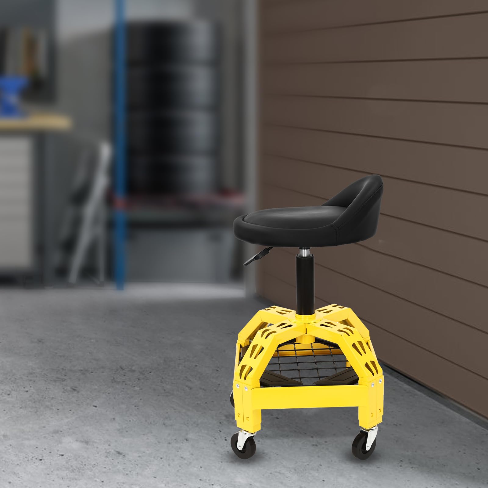 Sgabello da officina regolabile in altezza, altezza per riparazione, per officina e officina, girevole a 360°, portata 130 kg, con 4 ruote universali