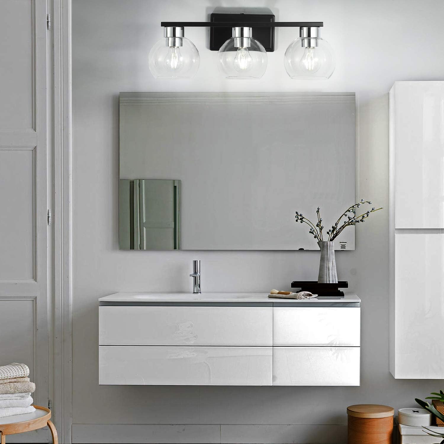 Bathroom Vanity Light, HOPSON 22in 3-Light Black Vanity Lighting Fixture E26 Glass Wall Scone Lighting for Mirror Cabinet, Dressing Table - - 