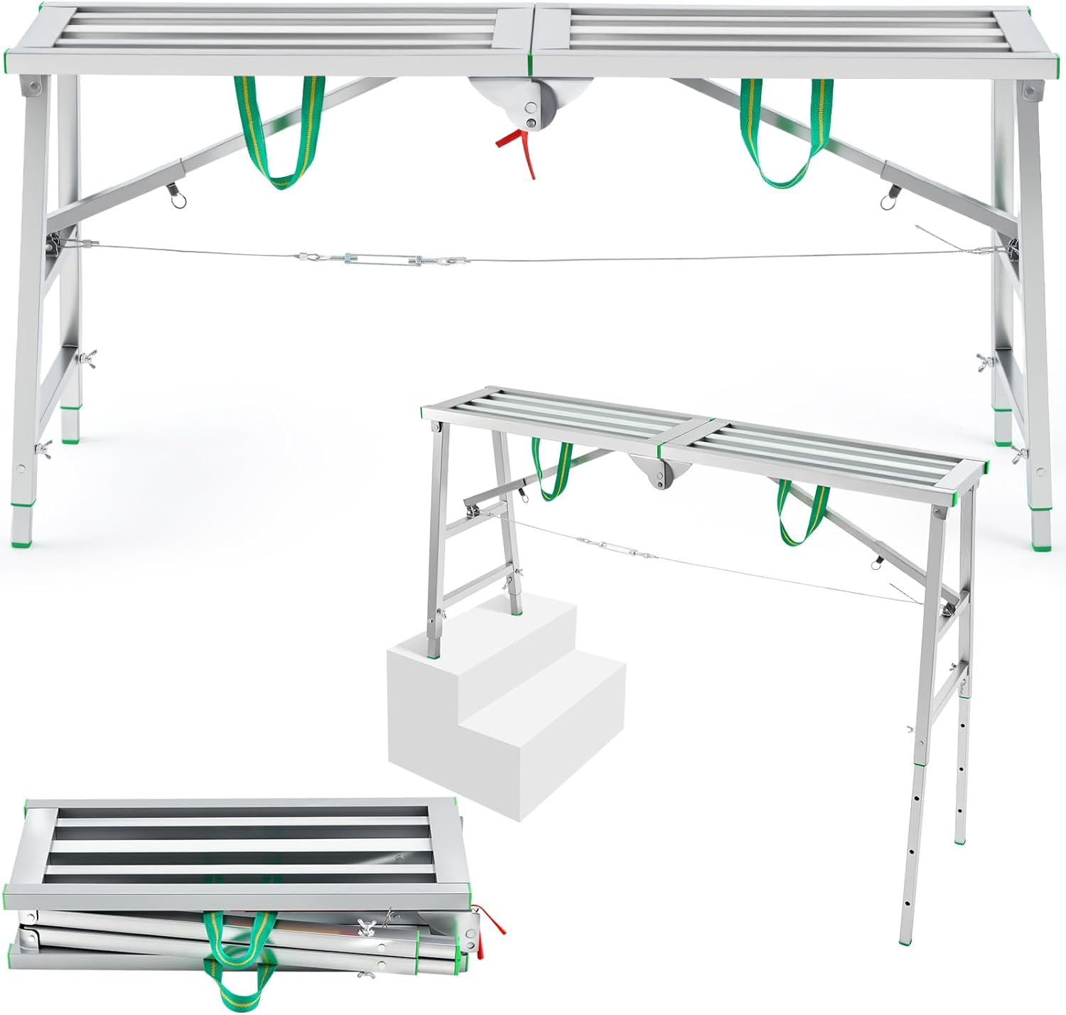 Zonon 28" to 44" H Folding Work Platform 400 Lbs Capacity Portable Scaffolding Step Stool 4 Height Adjustment 55" x 11.8" Non Slip Work Platform Ladder for Home Drywall Cleaning Painting