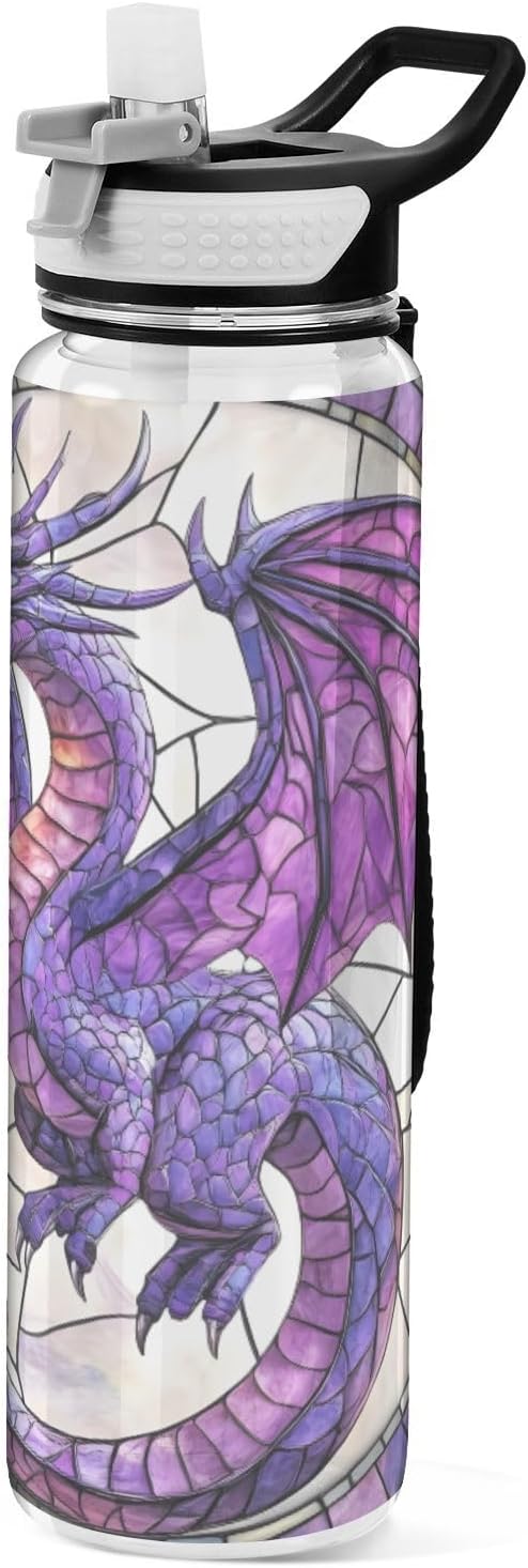 ALAZA Purple Glass Dragon Boho Sport Water Bottle with Straw Lid 32 oz Clear Bottle BPA Free Tritan Plastic Leakproof Jugs Large Flip Top for Kids Boys Girls