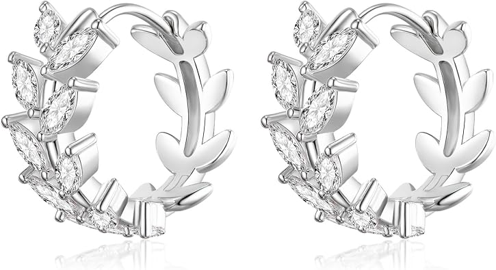 JSGEMSLEE 14K Gold Plated Huggie Hoop Earrings for Women Hypoallergenic 925 Sterling Silver Cubic Zirconia Olive Leaf Hoop Earrings Jewelry Gifts