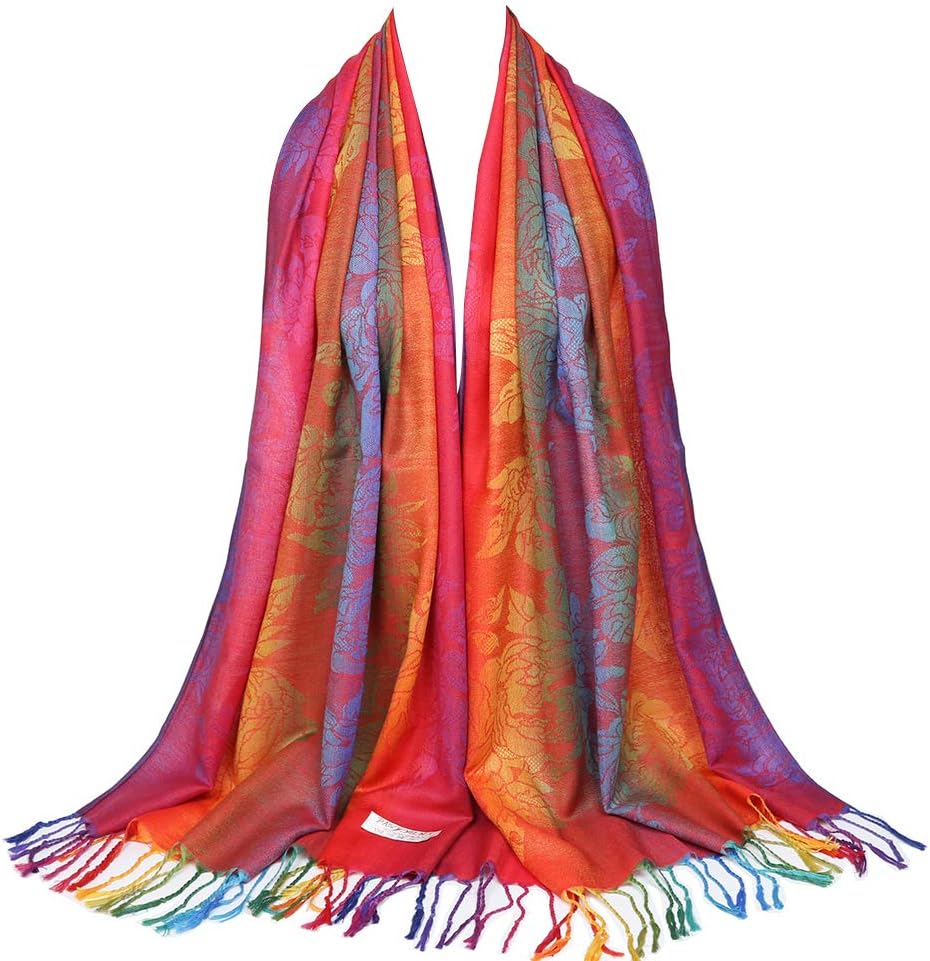 Colorful flowers Jacquard cotton pashmina Women Wrap Shawl tassels Scarves