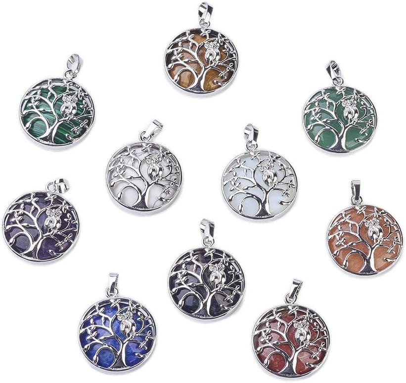 Beadthoven 10pcs Tree Of Life Charms Pendants Green Turquoise Gemstone Pendants Antique Silver Round Healing Energy Stone Crystal Chakra Charms for DIY Necklaces Jewelry Making