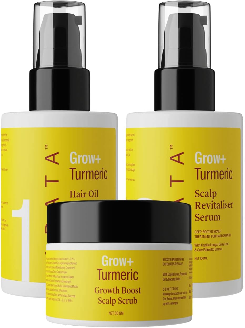 Arata Grow + Turmeric Range | Hair Oil (100 ML), Scalp Scrub (50 GM) & Scalp Revitaliser Serum (100 ML) | Powered By Capilia Longa | Boosts Hair Growth | Exfoliates The Scalp | Reduces Thinning