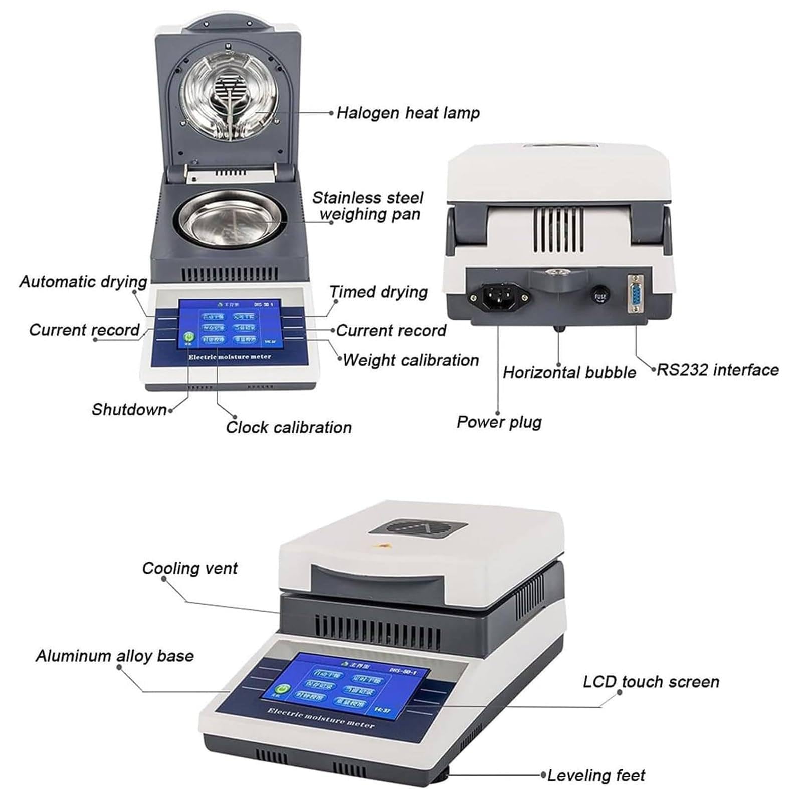 50gx5mg Halogen Moisture Analyzer, 0.02% Readability Lab Touch Screen Moisture Balances, with RS232 Ports, Professions Digital Moisture Tester