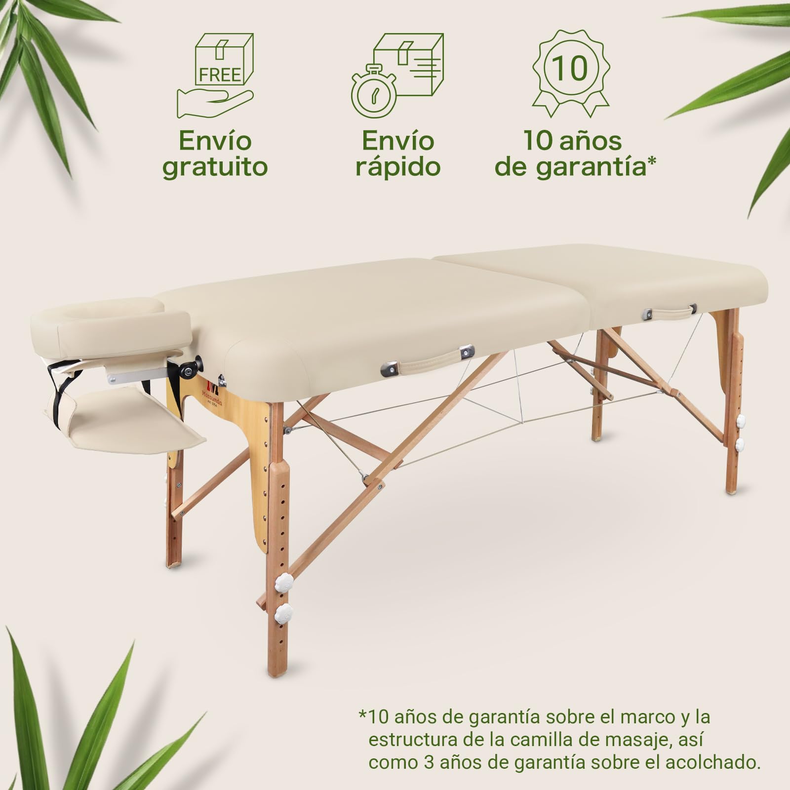 MASSUNDA - Camilla Masaje móvil Confort Deluxe Regulable en Altura - Camilla estetica Ancha de Madera Maciza - Camilla con reposacabezas ergonómico, Funda, reposabrazos, cojín (Negro) Crema