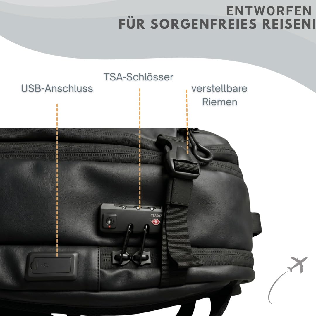 Vakuum Rucksack Handgepäck 49x32x20 Mit Pumpe – Reiserucksack Vakuum Kabinenrucksack Für Flugzeug, Vacuum Rucksack Mit Kofferöffnung, USB-Port & TSA Schloss (Schwarz)
