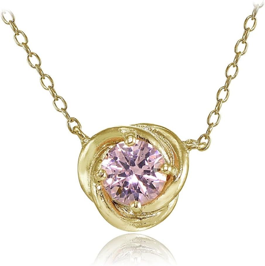 Yellow Gold Flashed Sterling Silver Simulated Gemstone 6mm Round Love Knot Pendant Necklace