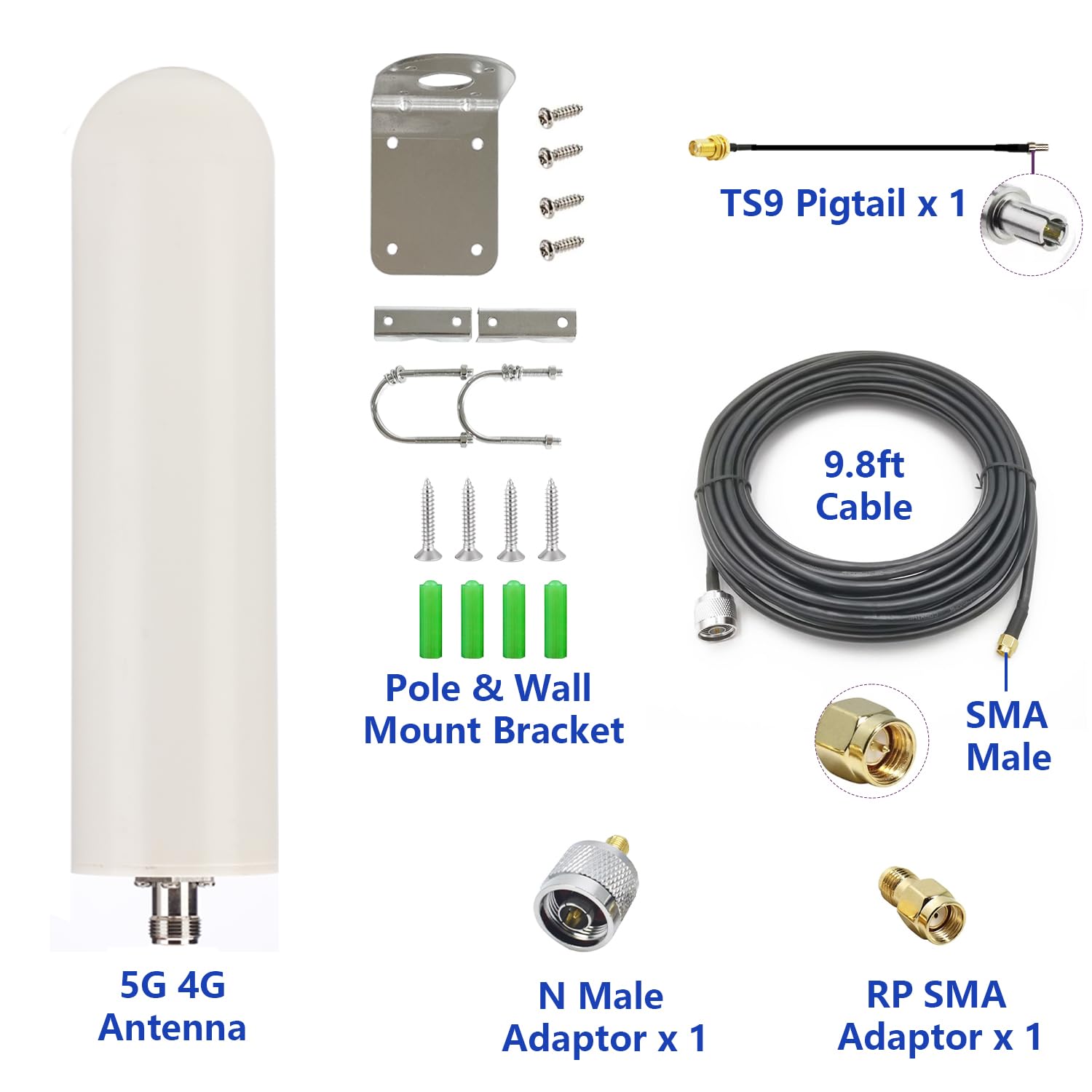 5G 4G LTE Outdoor Antenna with 10ft Cable SMA Male Connector N Male TS9 RP Adaptor Wall & Mount Waterproof for Verizon ATT T-Mobile Sprint Router Gateway Modem Cellular Trail Camera Home Internet