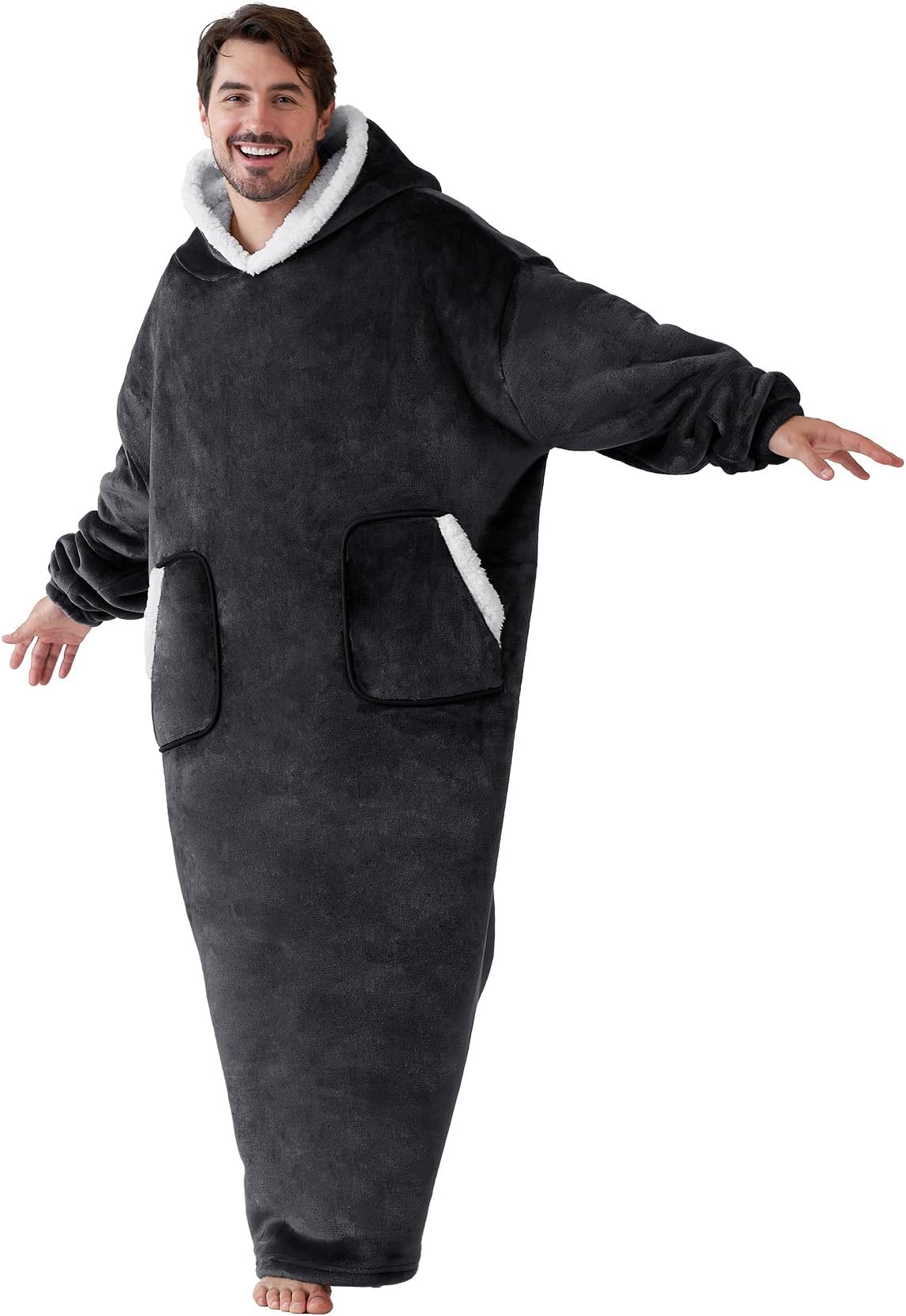 EHEYCIGAOversized Snuggle Blanket Hoodie Long Men Women, Sherpa Fleece Christmas Wearable Hooded Blanket for Adult, Gift for Women Her Men, Charcoal
