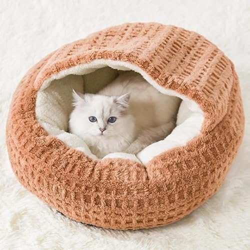 猫用ハウス ペットベッド 猫用 犬用 小型犬 ソフトチェック柄猫用シェル型ベッド ドーム型 冬 丸型 ふわふわ 柔らかい 保温 暖かい あったか クッション マット おしゃれ シンプル 通年利用 可愛い (茶色, M)
