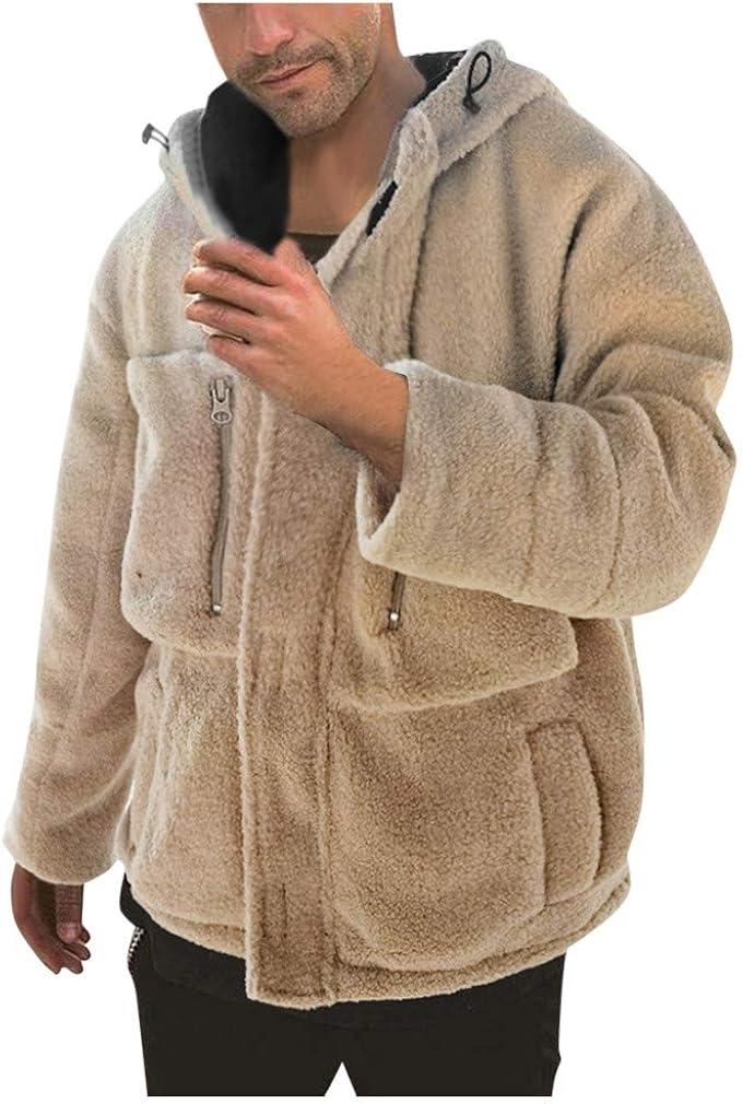 Men Hooded Zipper Jacket Fuzzy Sherpa Fleece Open Front Cardigan Winter Coat with Pockets Beige 