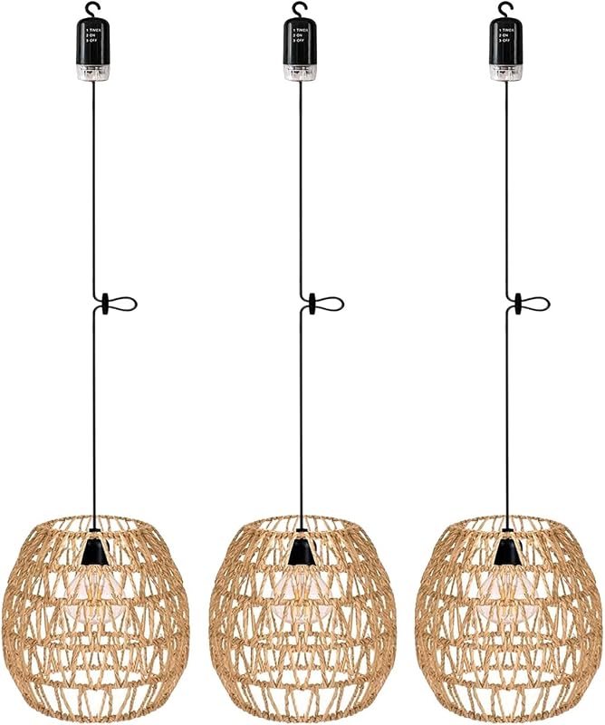 EcoGehen 3db Rattan Függőlámpa Akkumulátoros Kültéri Beltéri Boho Stílusú Hordozható Lámpa Kert