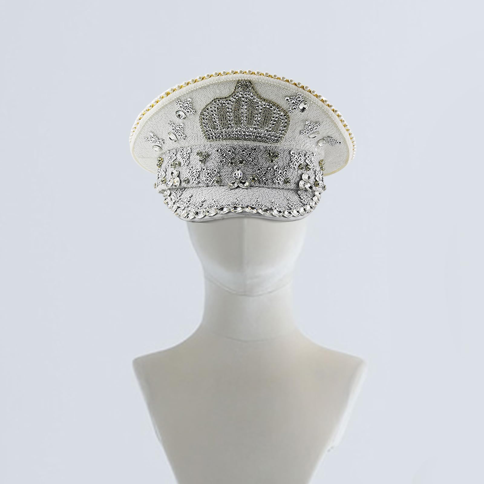 Cappello marino brillante per adulti, unisex, da sposa, con paillettes luccicanti, corone, cappello da capitano per feste di compleanno, cappello da capitano per formale corona bianca con
