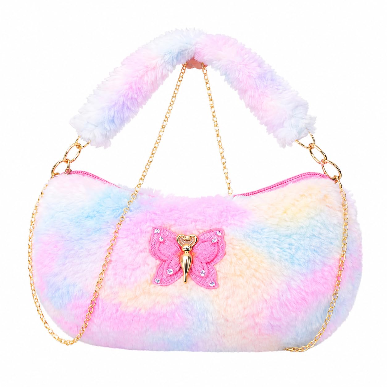 Cute Multicolor Plush Fur Sling Bag for Girls | Butterfly Design Soft Crossbody Handbag with Chain Strap-image-30