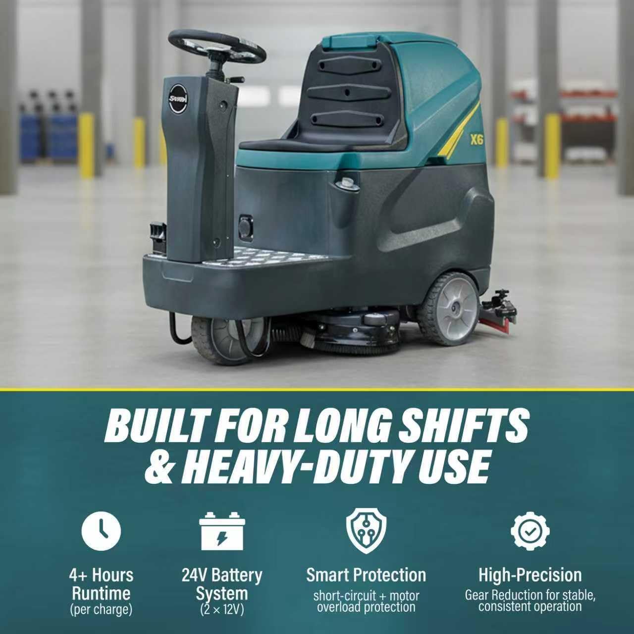 Commercial Ride-On Floor Scrubber Machine, 760mm Cleaning Width, 5000㎡/h Cleaning Efficiency, 100L Sewage Tank, 24V Battery Powered Floor Cleaning Scrubber for Warehouses, Malls, Factories & Parking