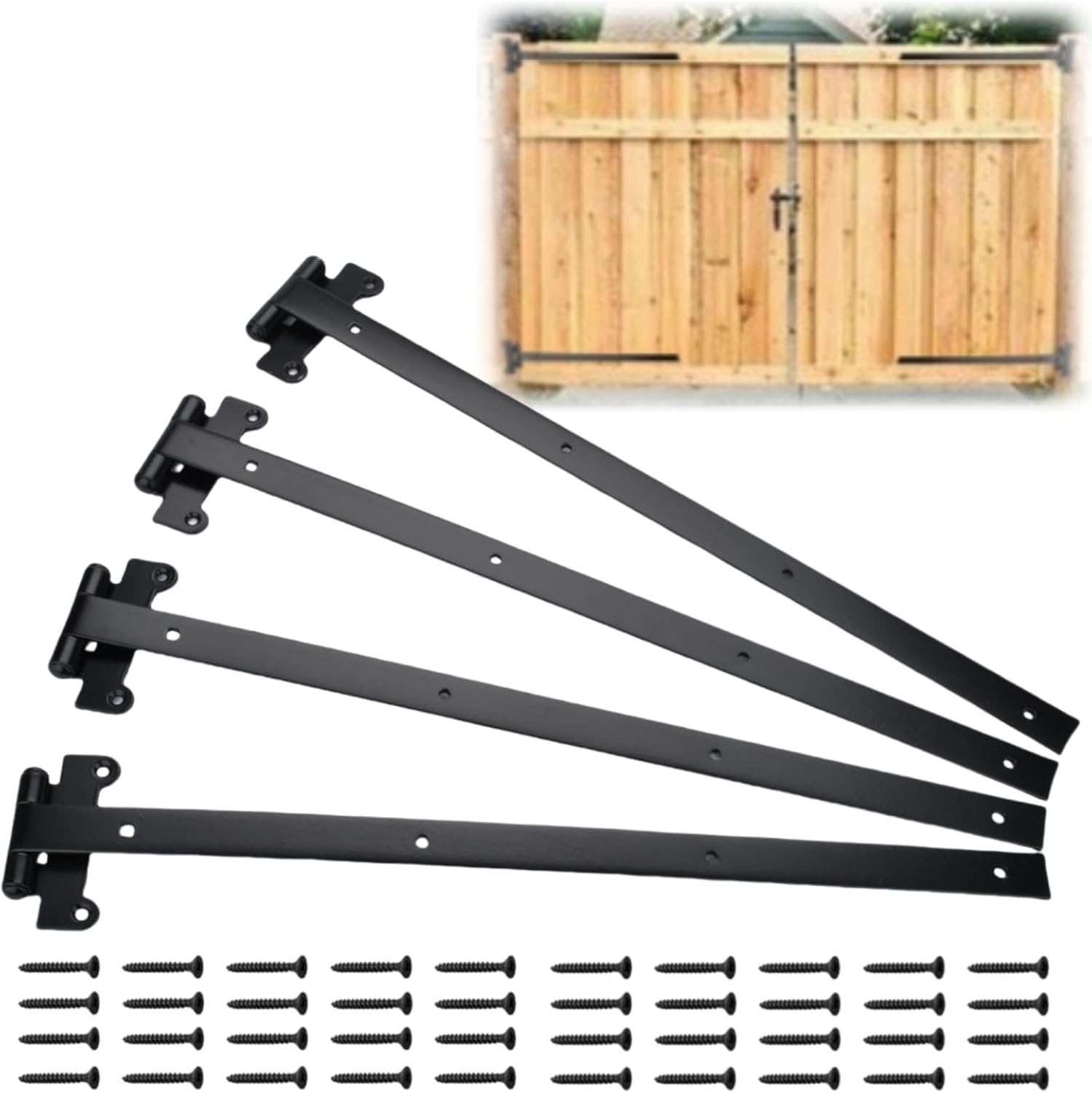 24 inch Black Heavy Duty Gate Hinges,4mm Thick Iron Barns Door Hinges with 40 Mounting Screws,T-Shaped Heavy Duty Hinges fits for Sheds Barns Garden gate Garage Door (4pcs)