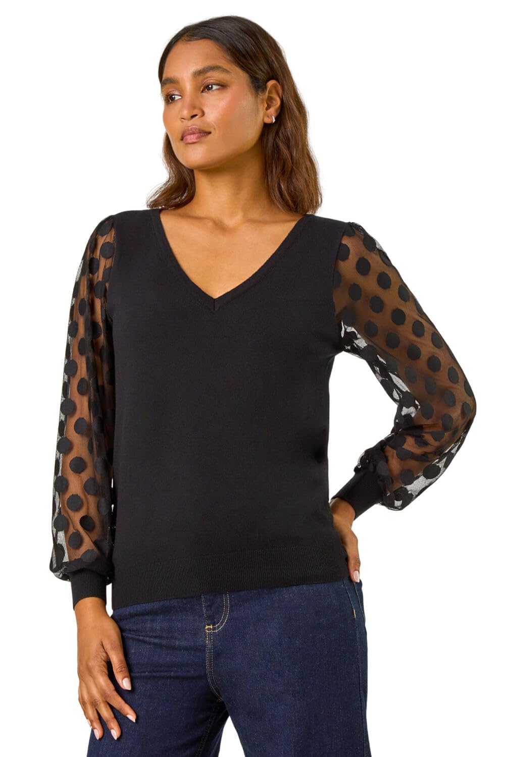 Roman Women's Polka Dot V-Neck Sleeve Knit Jumper in Black | Size: 14