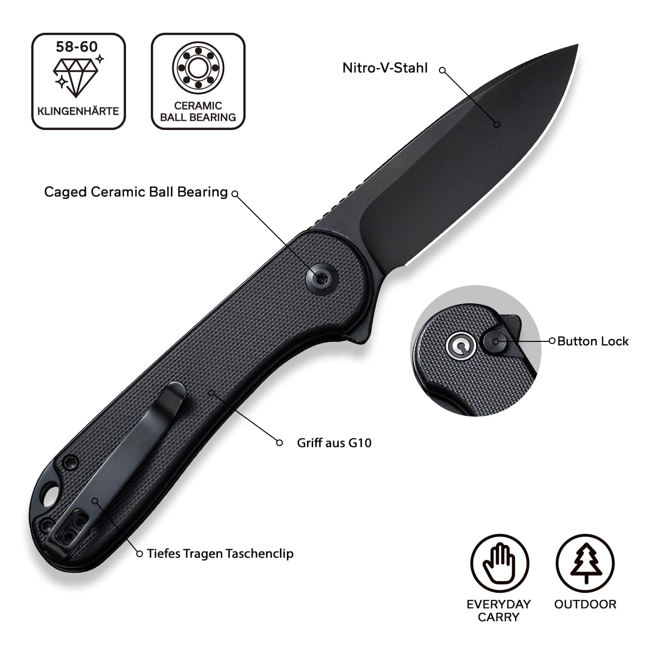 CIVIVI Elementum II Folding Pocket Knife with 7.51CM Nitro-V Blade & Black G-10 Handle, Outdoor Knife with Clip
