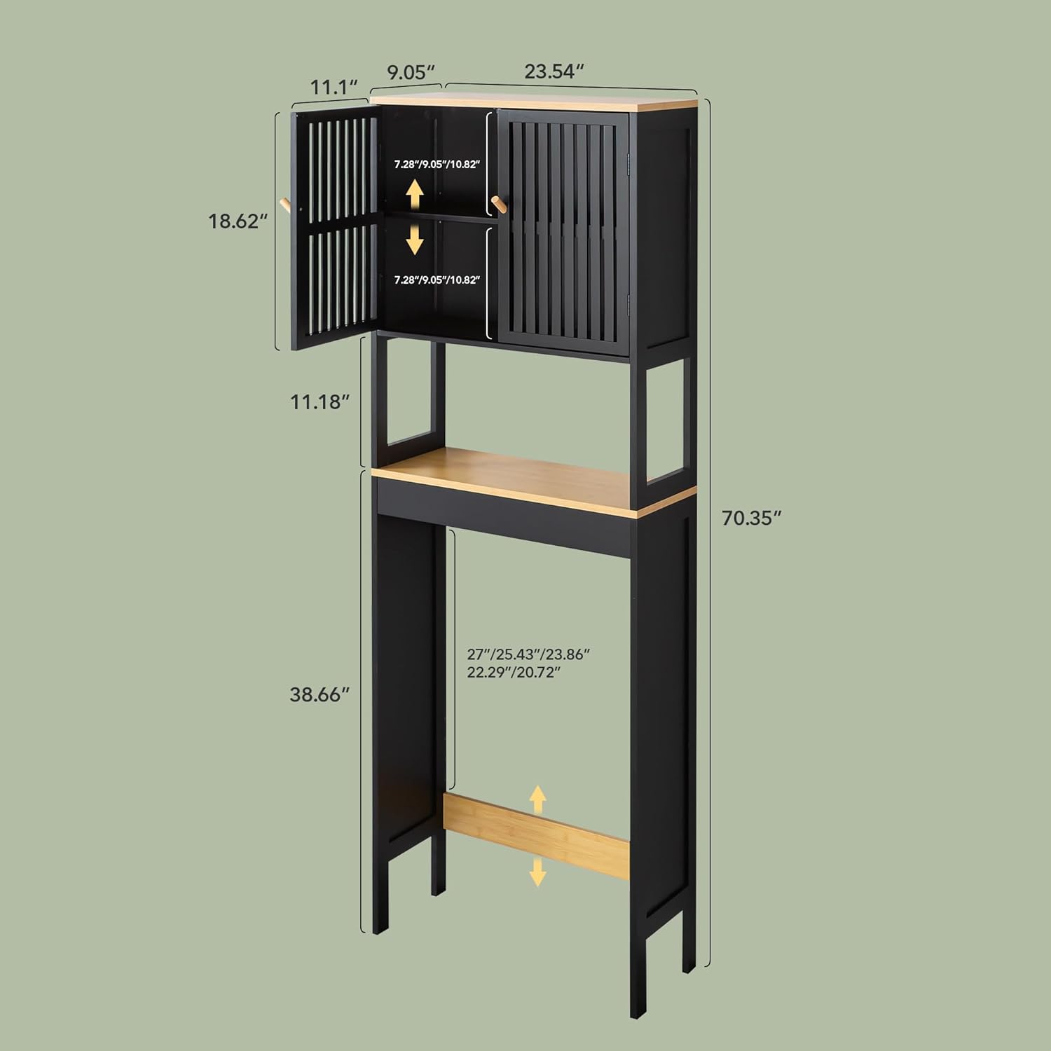 Over The Toilet Storage Cabinet with Breathable Bamboo Doors, 3-Tier Bathroom Organizer Above Toilet, Freestanding Space Saver Rack with Adjustable Bottom Bar & Shelf, 24" x 70", Black & Natural