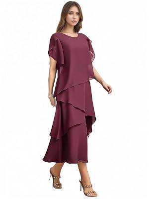Tea Length Mother of The Bride Dresses for Women Chiffon Short Sleeve Wedding Guest Dress MM001