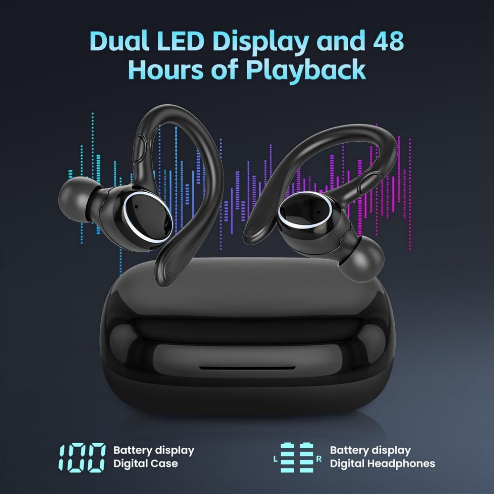 Auriculares inalámbricos Bluetooth 5.3, auriculares estéreo, micrófono ENC con cancelación de ruido, IPX7, impermeables, con gancho para Android, iOS, teléfonos inteligentes, portátiles