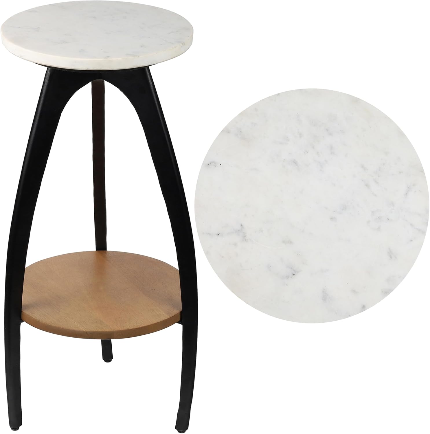 JONATHAN Y Ollie 24.5" Martini Cocktail Accent Modern 2-Tier Round Drink Table, White Faux Marble Top and Black Metal Arch Legs, Small Pedestal Side Table with Wood Shelf for Living Room END3001A