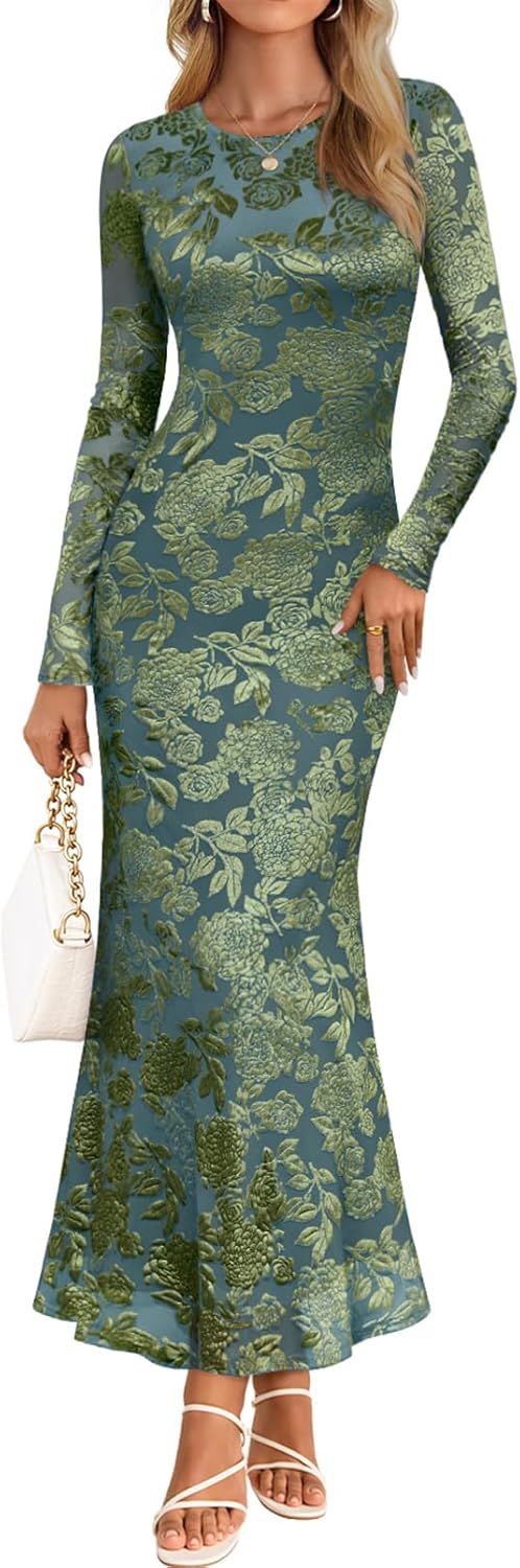 MEROKEETY Women's Fall Cocktail Formal Wedding Guest Dress Long Sleeve Maxi Bodycon Floral Mesh Winter Party Dresses
