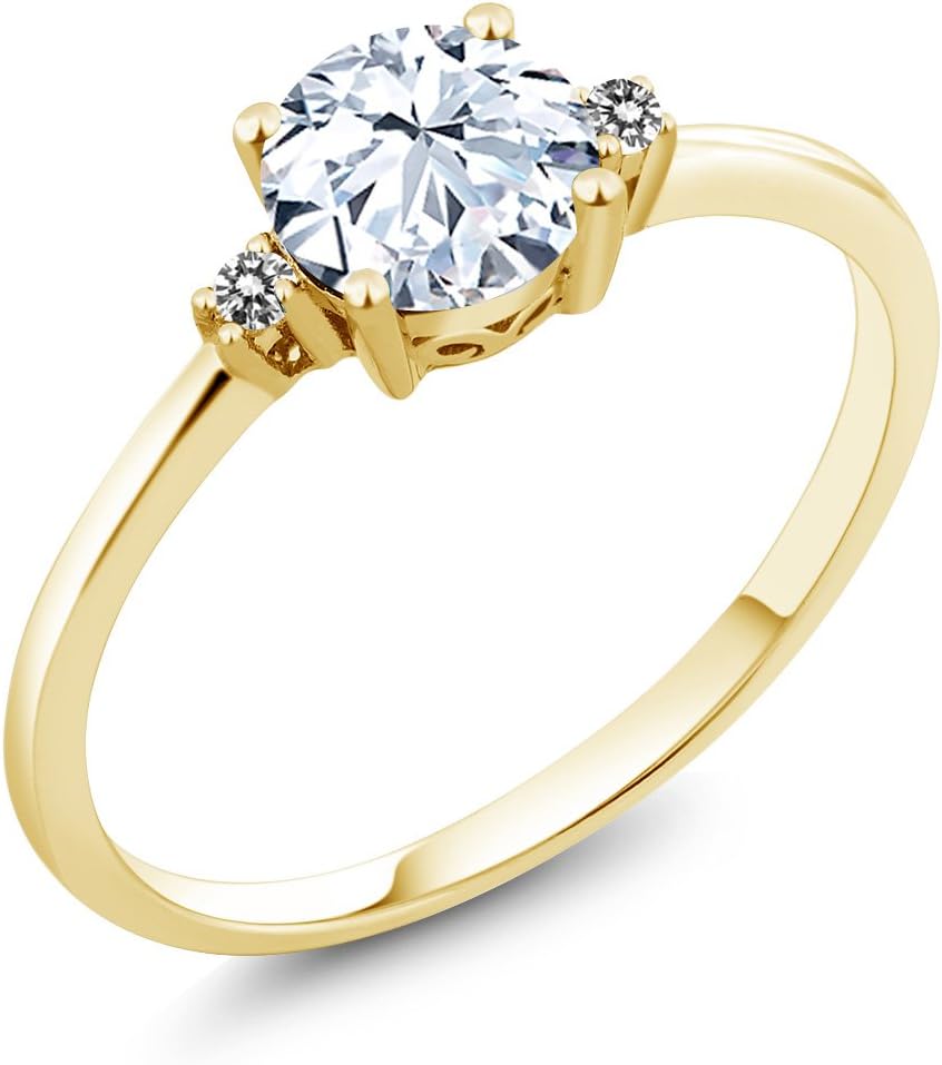 Gem Stone King 10K Yellow Gold White Created Sapphire and White Diamond Solitaire Engagement Ring For Women (1.23 Cttw, Round 6MM, Gemstone September Birthstone)