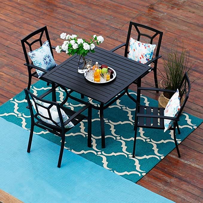 PHI VILLA Patio Dining Stackable Chairs, Outdoor Wrought Iron Furniture Set Bistro Chairs with Armrest,Black (Square Pattern, 4 Set)