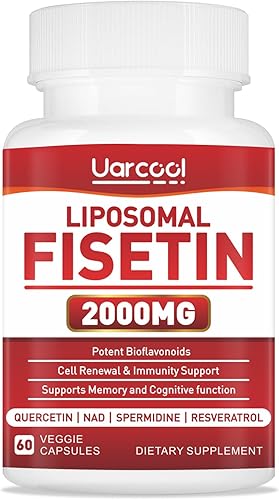 Suplemento de fisetín de Uarcool 2000mg para envejecimiento saludable y longevidad, salud de la piel, cerebro - sin soja, vegetariana - 60 Softgels