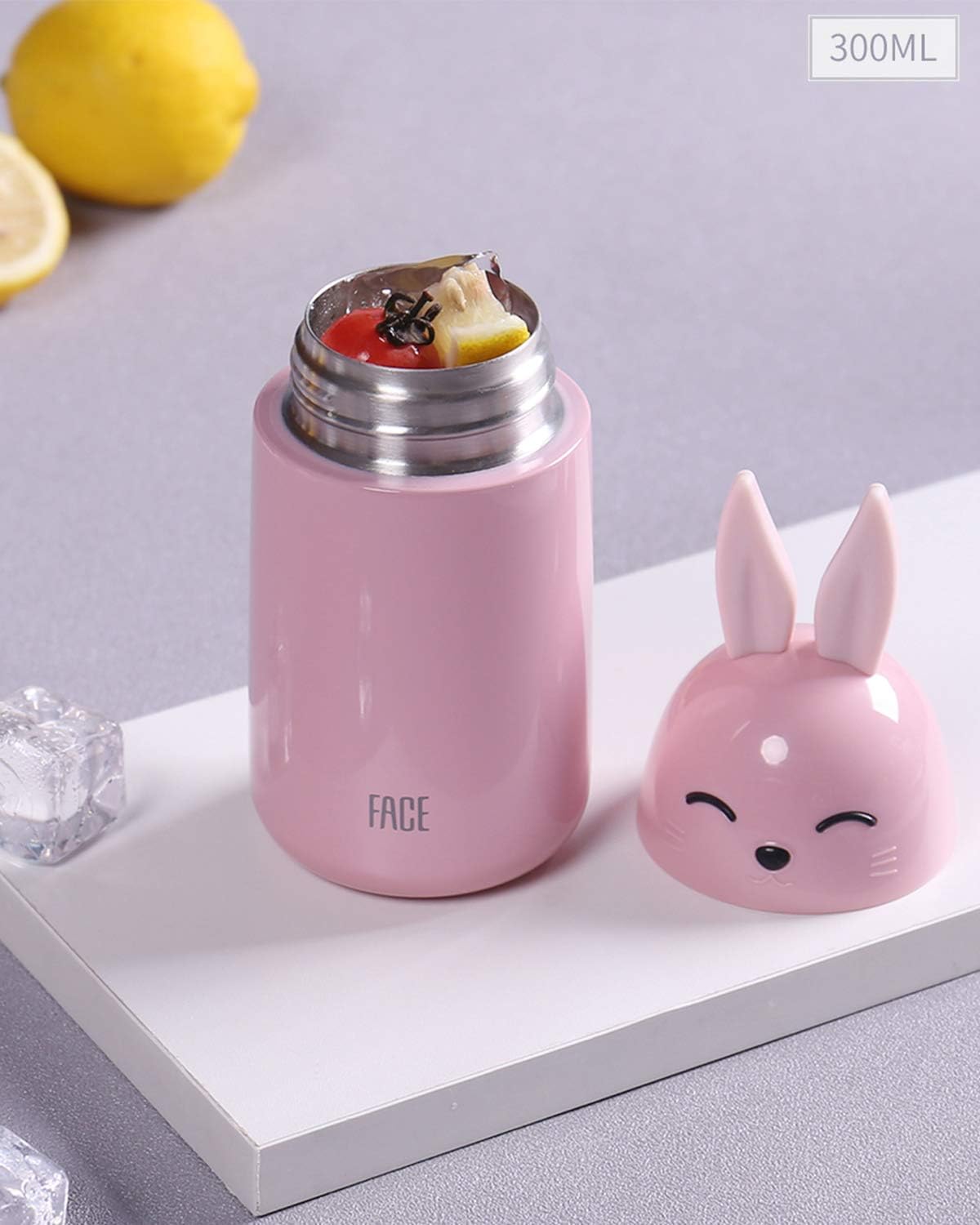 FACE Cute Water Bottles for Teen Girls Bunnies Animal Shaped Small Stainless Steel Vacuum Bottle 300ml/10OZ Pink