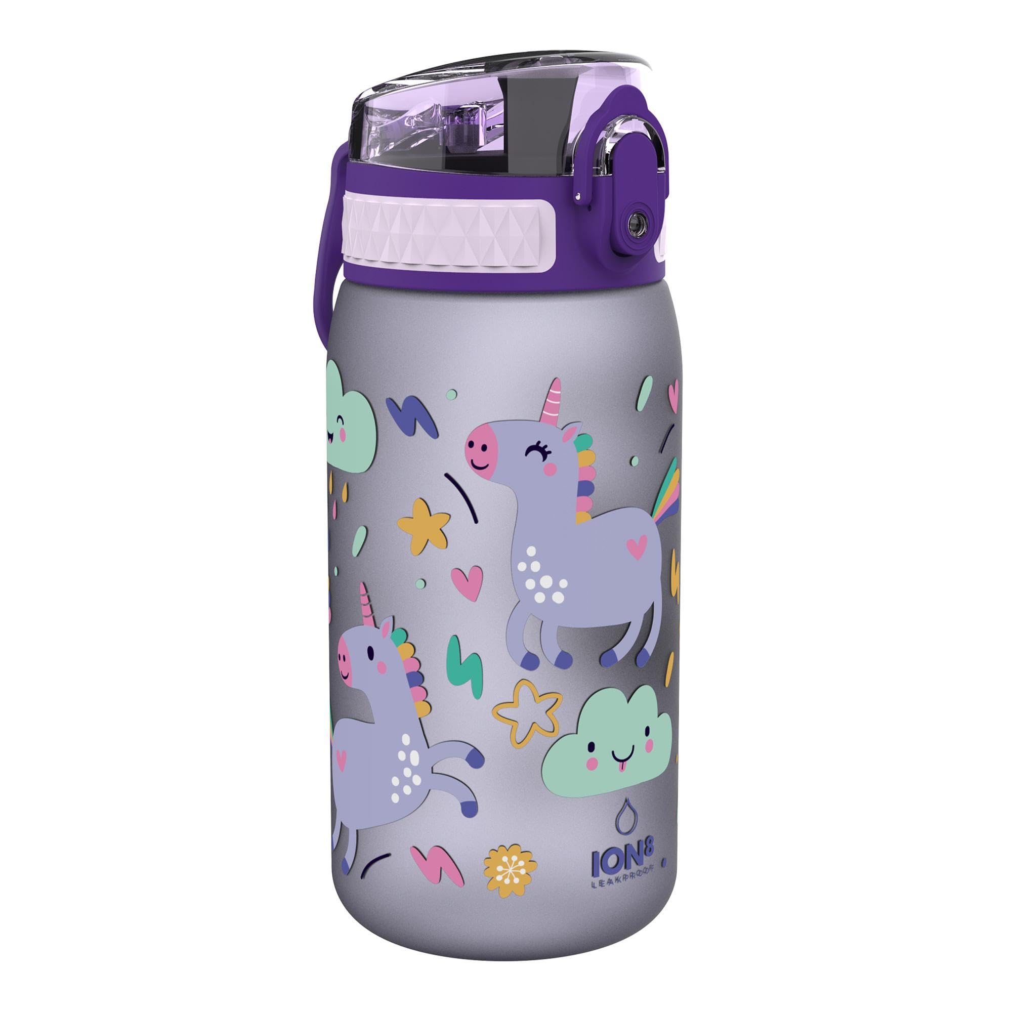 Ion8 Leak-Proof Kids Water Bottle, 350ml/12oz, Unicorn - BPA-Free Odor Resistant Recyclon Polymer with One-Touch Flip Lid, Carry Loop, No Straw - Dishwasher Safe, Cupholder/Backpack Friendly