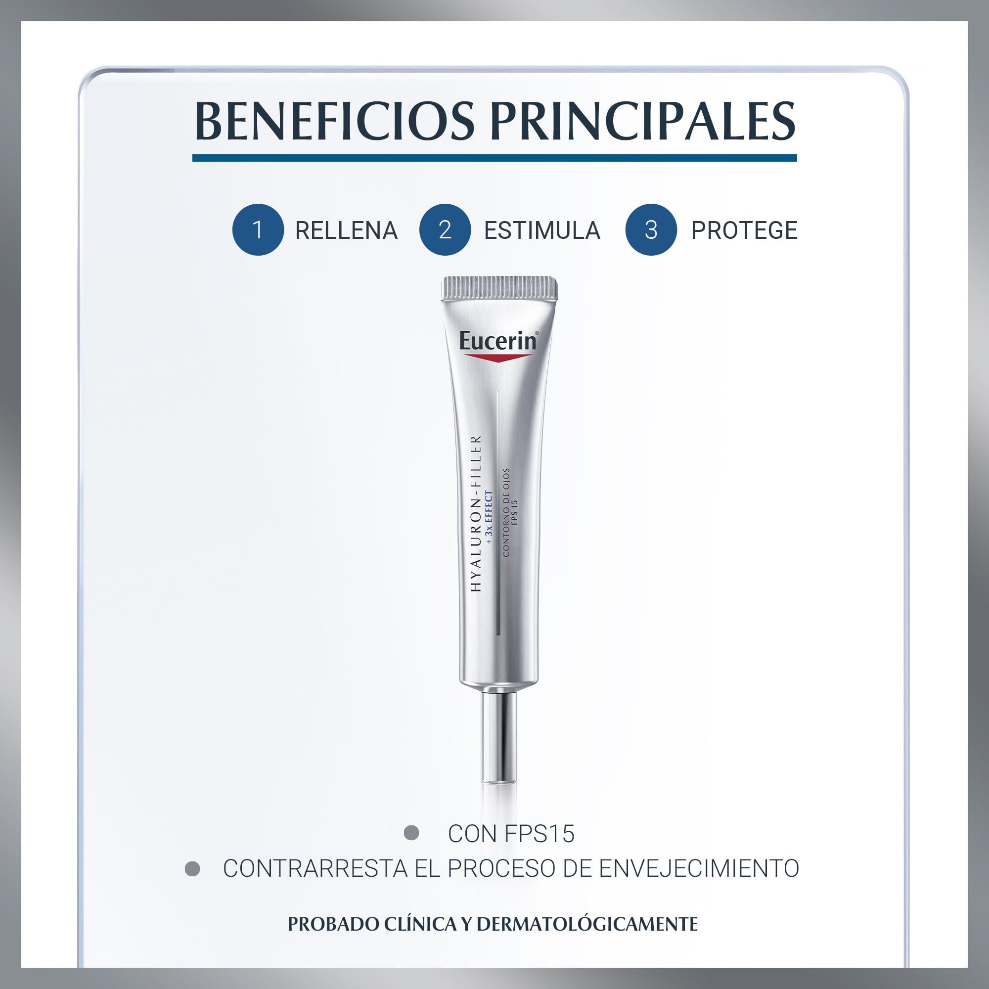 Eucerin Hyaluron-Filler Contorno de Ojos FPS 15 (15 ml), crema antiedad y antiarrugas, crema rellenadora de arrugas con Ácido Hialurónico y protección UVA FPS15 para todo tipo de pieles