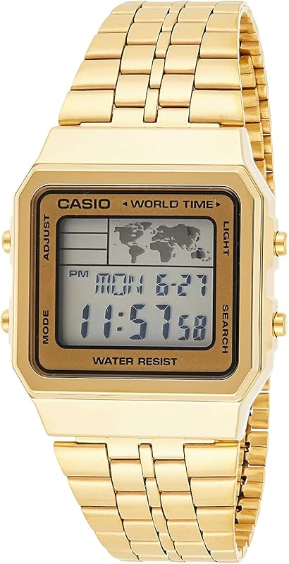 A500WGA-9D Reloj digital de hora mundial con cronógrafo y alarma en tono dorado, colección vintage para hombre