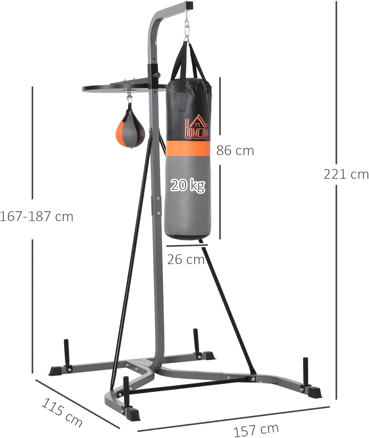 Diagram showing the dimensions of the HOMCOM punching bag stand