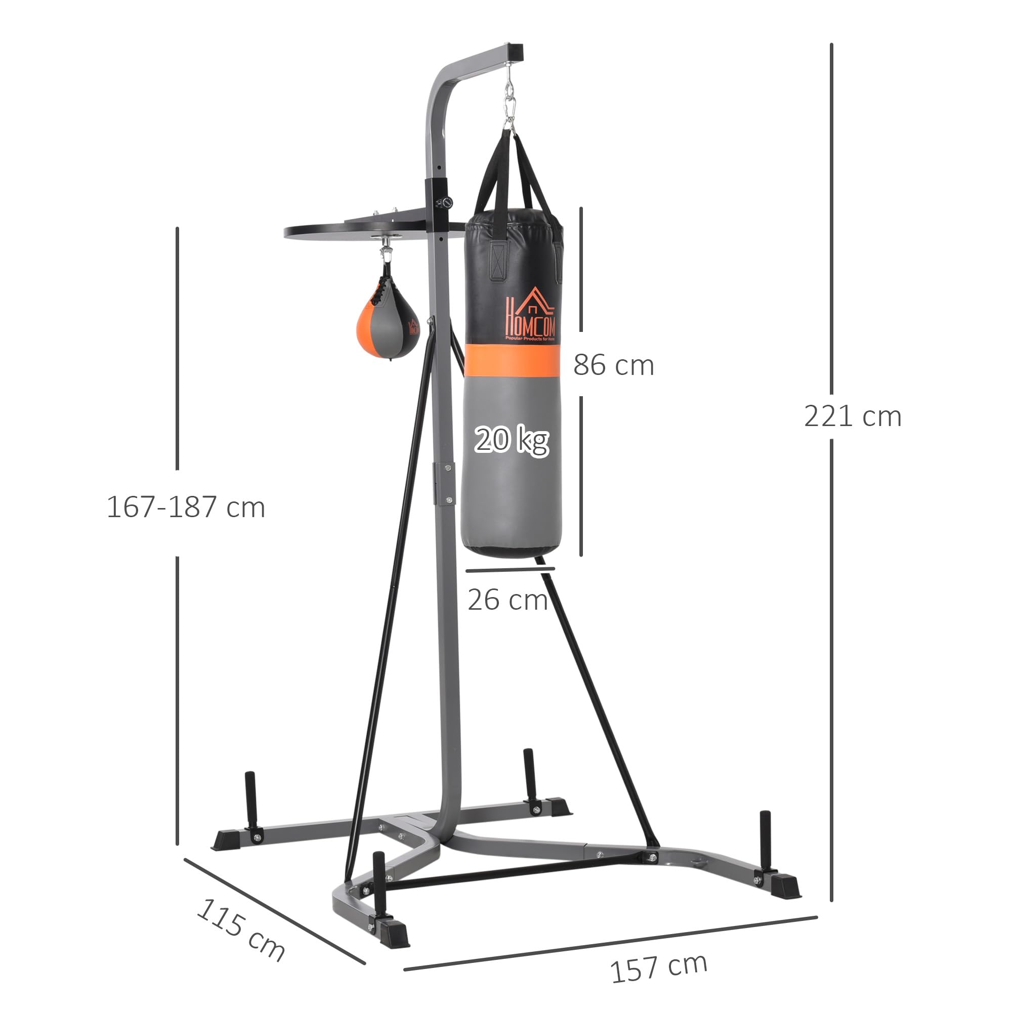 HOMCOM Support de Sac de Frappe sur Pieds Sac de Frappe sur Pied Station de Boxe Poire de Vitesse Inclus Acier Noir équipement de Muay Thai, Kickboxing, Arts Martiaux, Gym