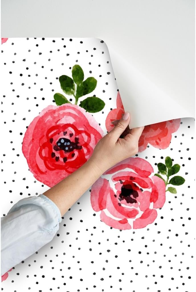 Peel & Stick Wallpaper 3ft x 2ft - Roses Shibori Black Polka Dots Pink White Flowers Floral Custom Removable Wallpaper by Spoonflower