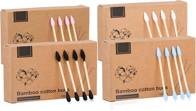 Natural Bamboo Cotton Swabs, Eco-Friendly & Biodegradable  Comfortable and Soft,Two different Tip Buds Bamboo Cotton Swabs for Ears Cleaning and Makeup- Zero Plastic (1 Pack of 400,4 colors)