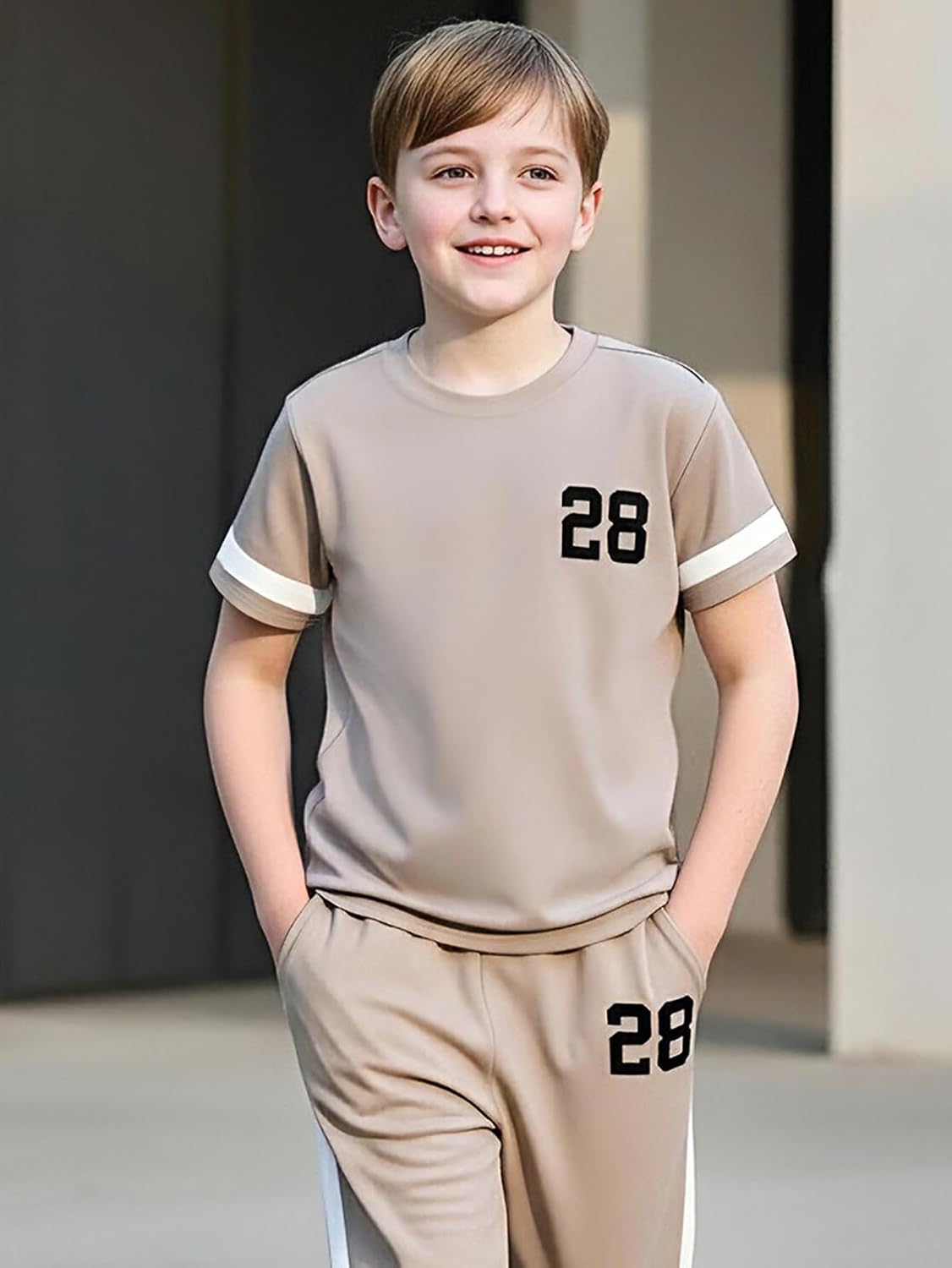Boys 2 Piece Outfit Set, Short Sleeve T Shirt and Jogger Pants, Kids Casual Athletic Tracksuit for 8-12Y