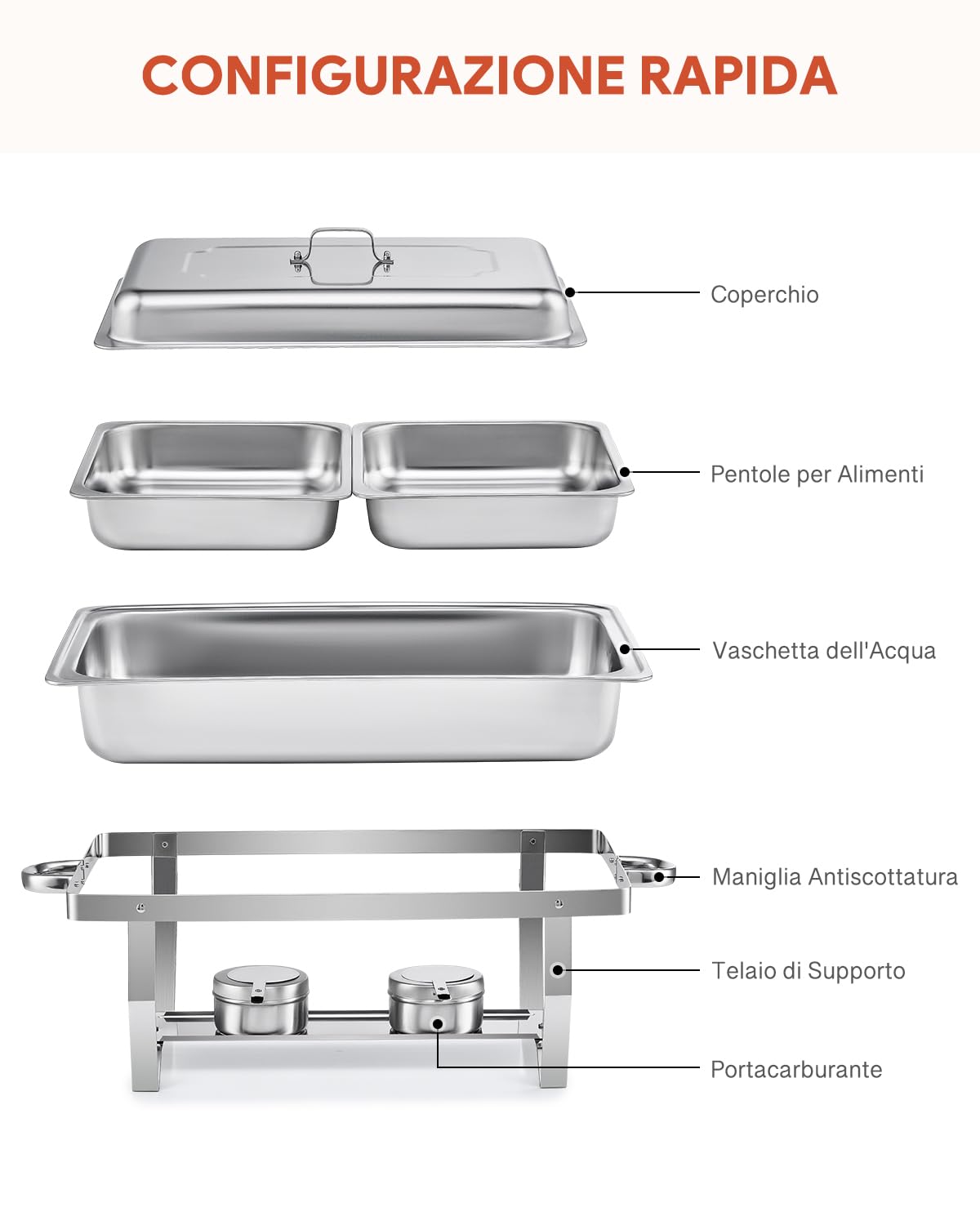 VONLUCE 9L Chafing Dish Set 6 Pezzi Scaldavivande in Acciaio Inox Contenitore Vassoio di Riscaldamento Pentole di Riscaldamento Chafing Dish per Buffet di Catering e Feste (12 x GN 1/2)