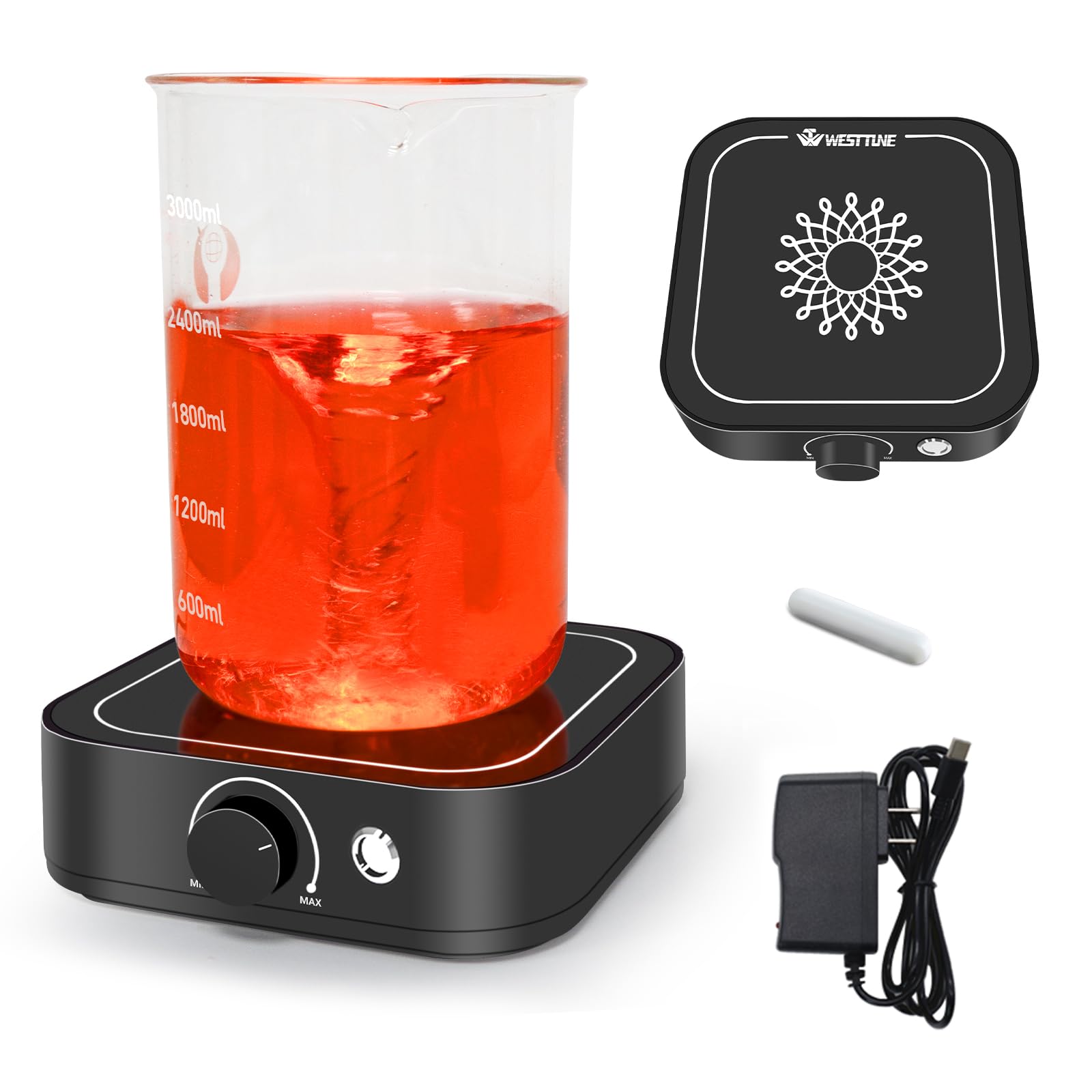 Agitador magnético de 3000 rpm con luz LED, placa de agitación magnética con juego de 2 barras de agitación, mini agitador magnético, capacidad máxima de agitación de 3000 ml para