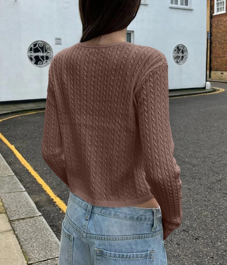 Image of Cioatin Women Cute Button Down Open Front Cable Knit Y2K Crop Sweater Cardigan Long Sleeve Pullover Fall Preppy Outfits 2025 Brown