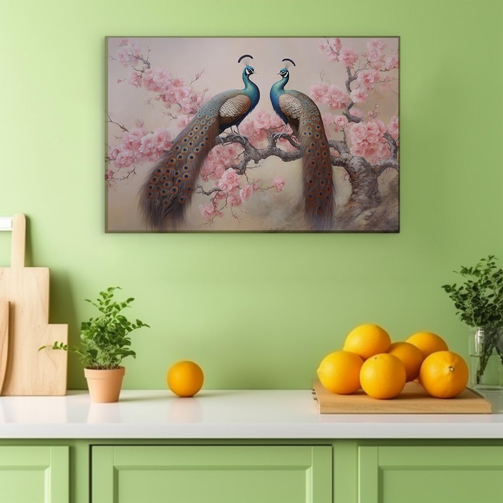 Canvas for Living room. Peacock Elegance Amidst a Blossoming Bower, 27 x 18 inch Canvas Wall Art - Contemporary Masterpieces - Modern Home Decor - 69x46 cm (27x18 inch)
