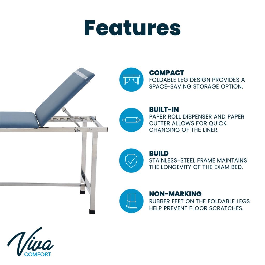 Vivacomfort Exam Table with Paper Towel Roll Dispenser - Medical Treatment Tables - Adjustable Physical Therapy Patient Examination Bed, Durable, Low Maintenance and Holds Up to 440 Lbs (Blue)